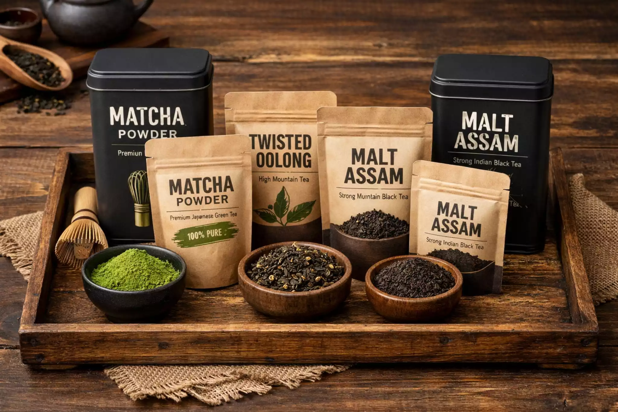 Curated bold tea sampler set in kraft pouches and metal tins for coffee drinkers