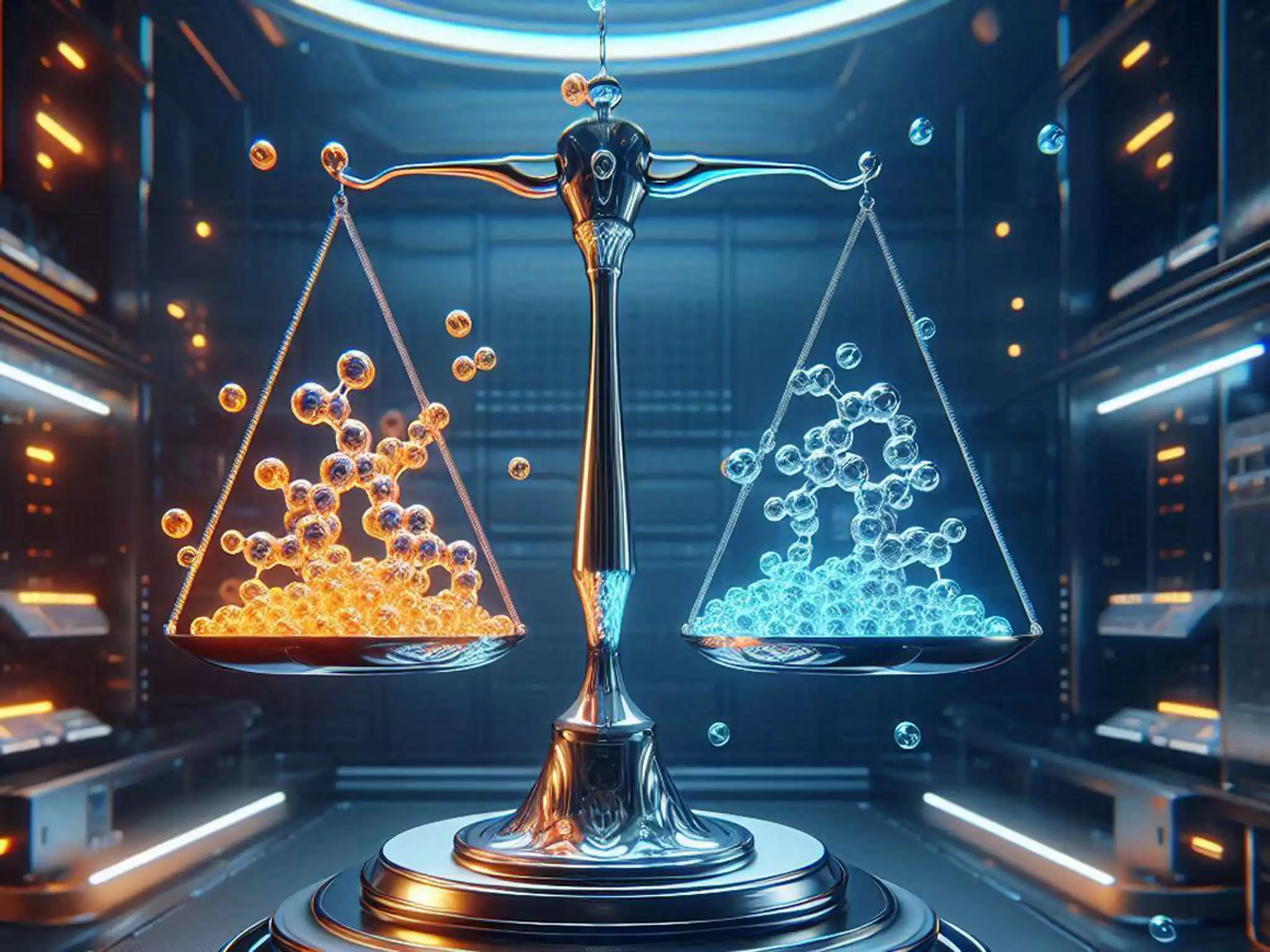 The Golden Ratio of Focus: A futuristic laboratory balance scale perfectly balancing an orange caffeine molecule cluster with a blue L-Theanine structure twice its size, showing a 2:1 ratio for optimized cognitive synergy