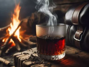 Smoky Lapsang Souchong tea served in a whisky tumbler glass with pine smoke aesthetic