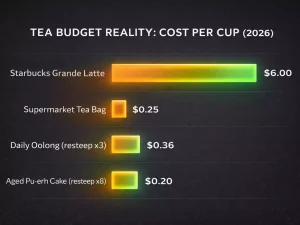 The background is a sophisticated dark charcoal gray. Bars are stylized with a glowing gradient (green for value, orange for cost). Title at the top: "TEA BUDGET REALITY: COST PER CUP (2026)". Bars show Starbucks Grande Latte ($6.00), Supermarket Tea Bag ($0.25), Daily Oolong (resteep x3) ($0.36), Aged Pu-erh Cake (resteep x8) ($0.20).