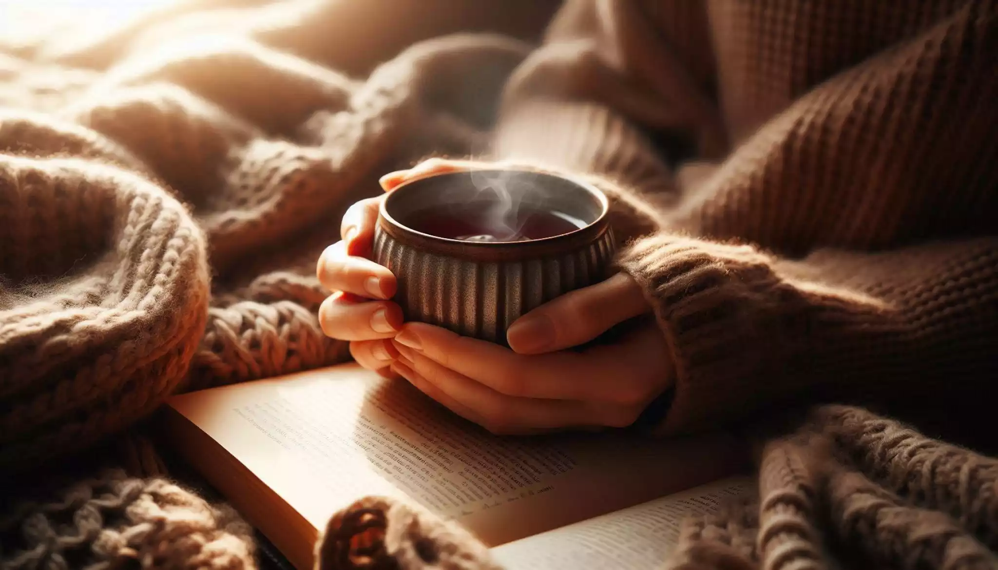 Hands holding a warm ceramic mug of dark tea in a cozy indoor setting