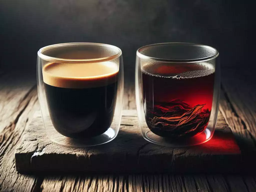 Visual color comparison between black coffee and dark mahogany Shu Pu'er tea on a rustic wooden table