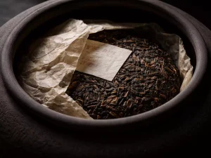 Aged raw Pu-erh tea cake in handmade stone-pressed paper for microbial fermentation