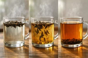 Sinking whole leaf tea vs floating tea fannings in a glass mug