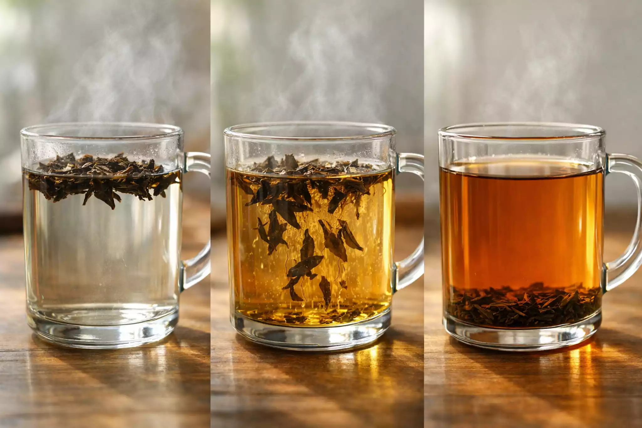 Step-by-step: Whole leaf tea floating → partially sinking → fully settled at bottom in clear glass mug
