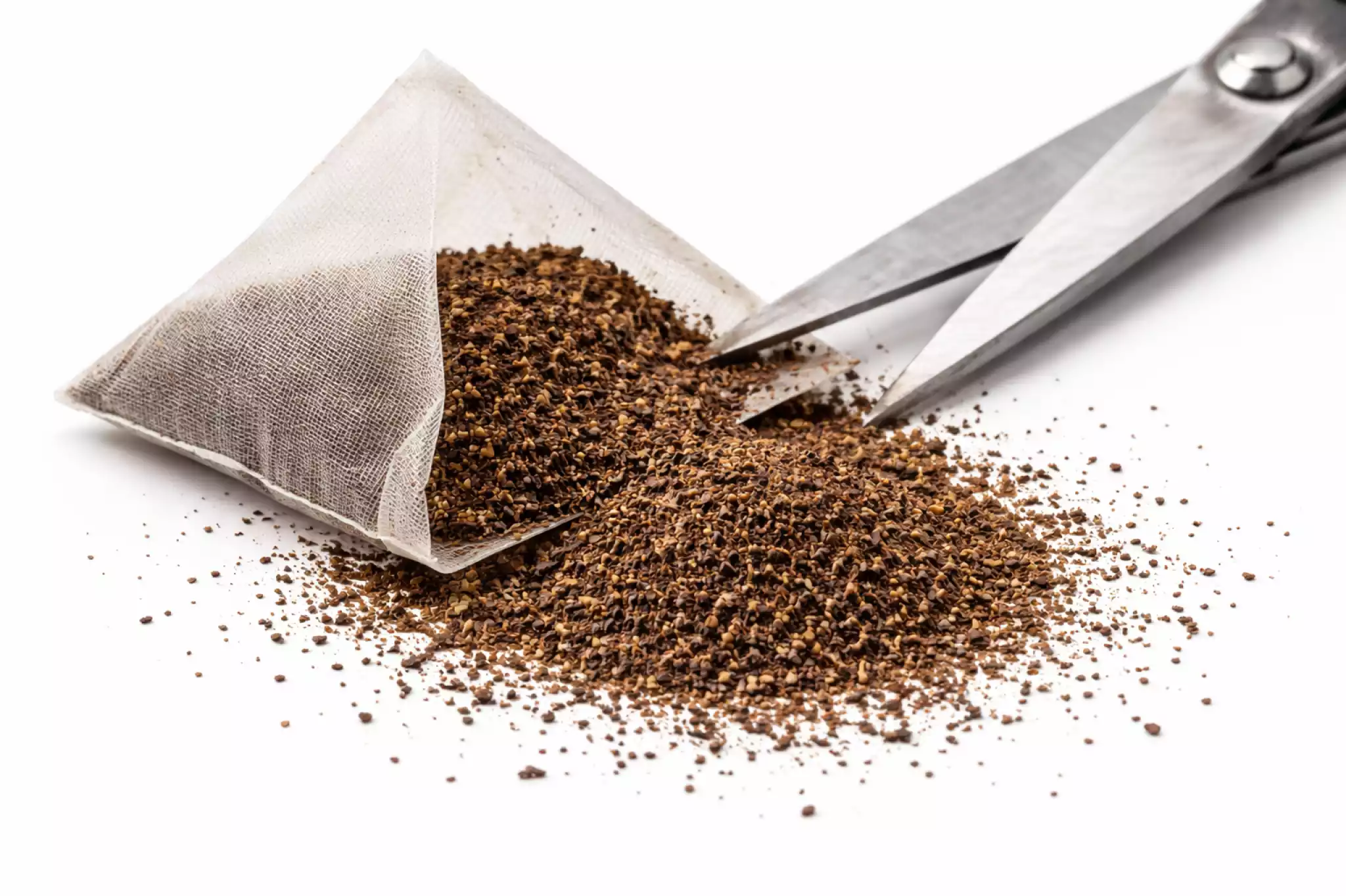 Cut-open pyramid tea bag revealing fine tea dust and fannings spilling out