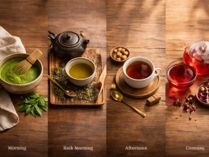 Flat-lay lifestyle image showing a full day tea ritual on a wooden surface: morning matcha bowl, mid-morning sencha, afternoon black tea cup, evening hibiscus