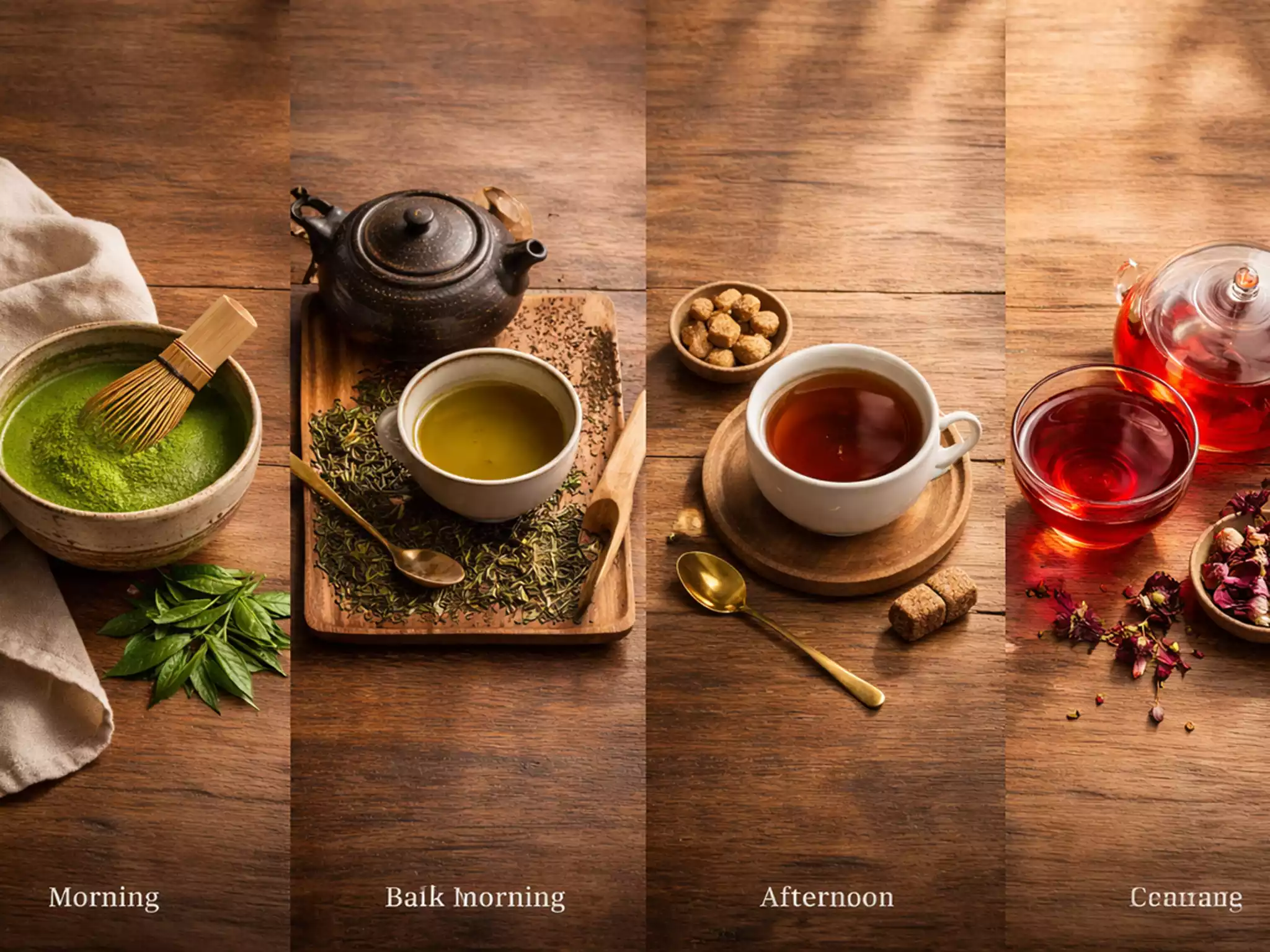 A full day tea ritual showing morning matcha to evening hibiscus