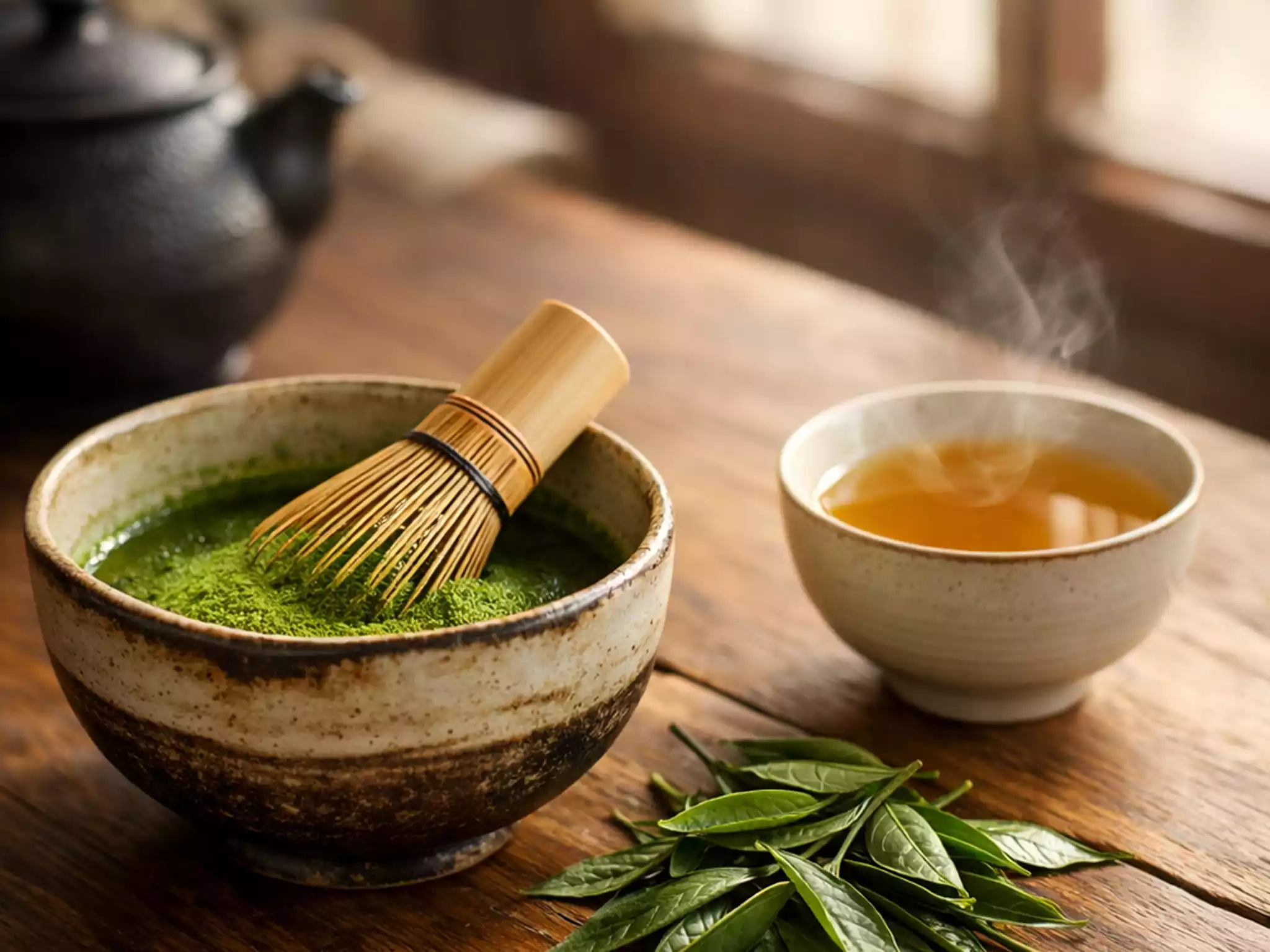 Japanese tea ceremony setup with ceremonial matcha and gyokuro on wooden table