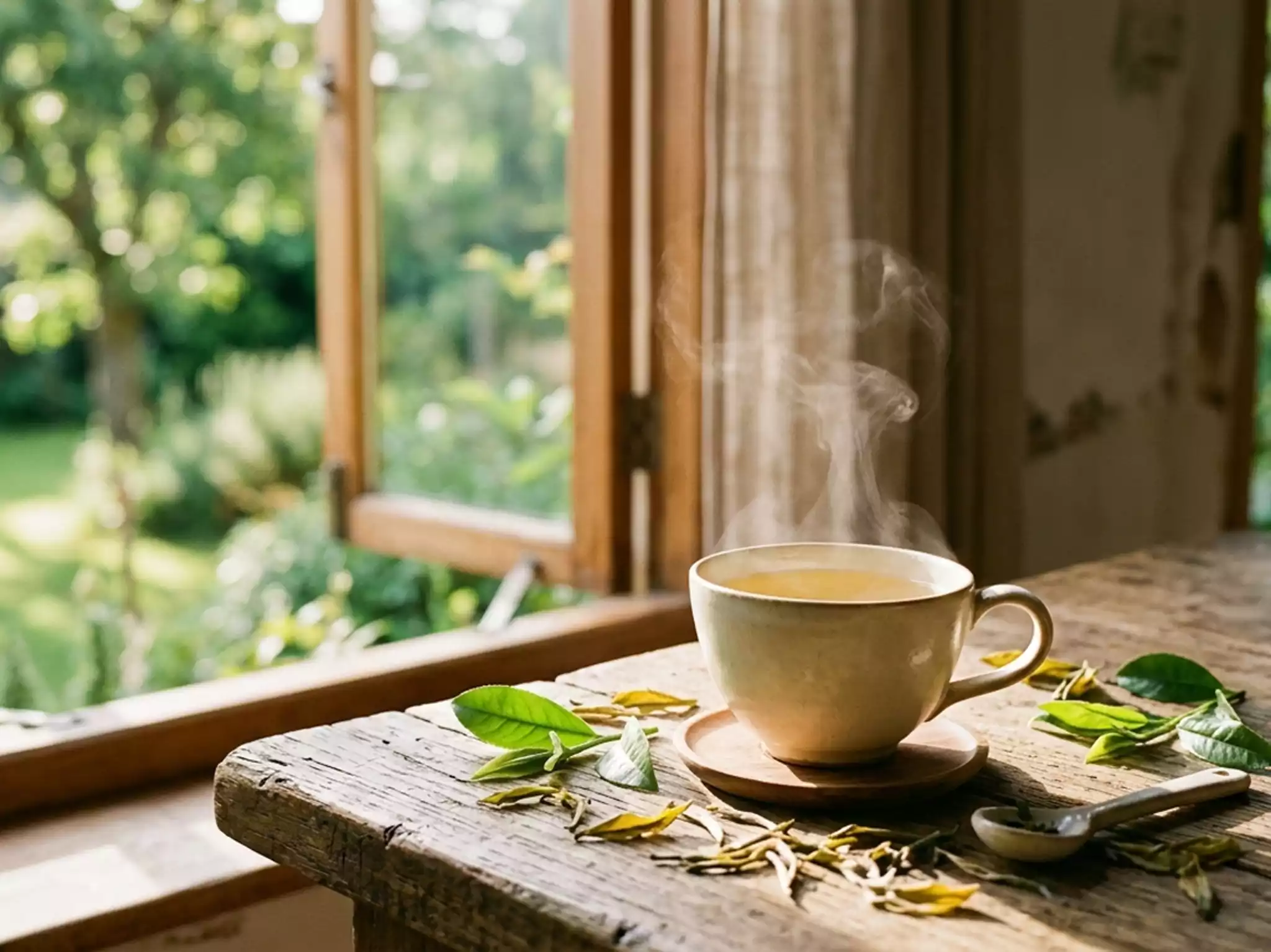 Steaming cup of high-quality tea with fresh leaves
