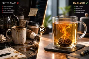 Premium tea has an office friction problem. Discover why 2g precision-compressed mini tea cakes provide sustained focus and zero mess without coffee's crash.